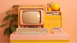 Alter Retro-Computer und Blumen mit orange Wandhintergrund im Büro, Vintage-Kunstdesign