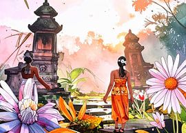 Deux jeunes filles balinaises entrent dans un temple où se trouvent des fidèles hindous balinais. sur Artkreator