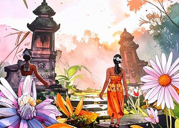 Twee Balinese meisjes gaan een tempel binnen waar Balinese hindoes aanbidden. van Artkreator