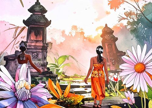 Zwei balinesische Mädchen betreten einen Tempel, in dem balinesische Hindu-Anhänger verehrt werden.