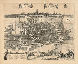 Map and cityscape of Utrecht the Dom city ca 1657 with white frame