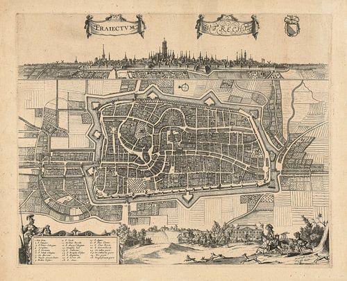 Plattegrond en stadsgezicht van Utrecht de Domstad van ca 1657