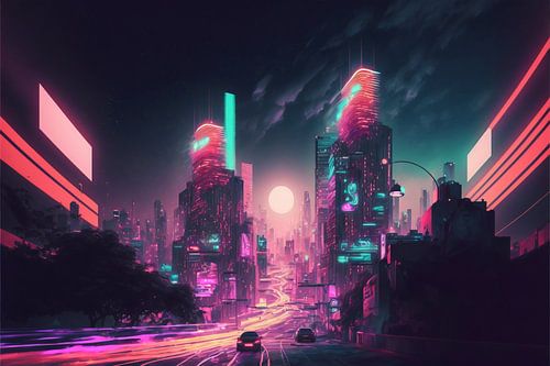 Timelapse dans une ville nocturne, vaporwave, rétro-futurisme