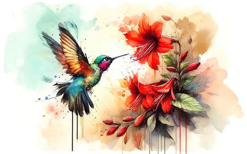 Tanz der Kolibris und karminroten Blumen von Chromatic Fusion Studio
