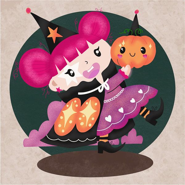 Une petite fille avec un costume d'Halloween et une citrouille. par riz_studio