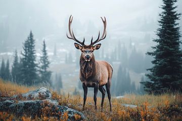 Hert in de bergen van Canada in aan prachting landschap van Digitale Schilderijen