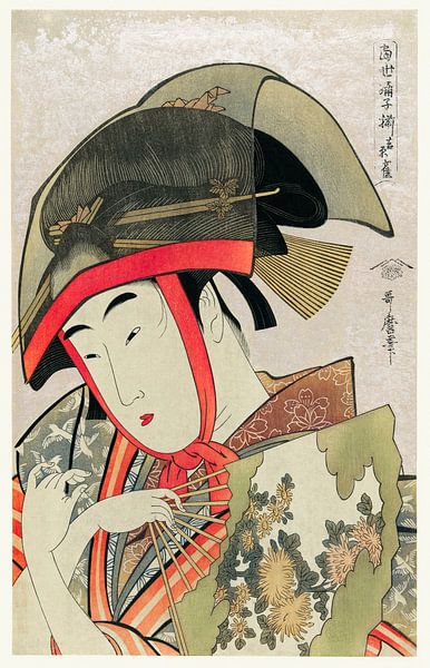 Een traditionele Japanse vrouw die een waaier vasthoudt. Ukiyo-e illustratie van Dina Dankers