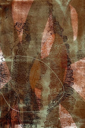 Moderne botanische kunst. Varensbladeren en abstracte vormen in terracotta, groen en wit.