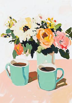 Stilleven koffie bloemen fauvisme keuken van Niklas Maximilian