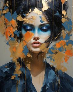 Modernes und abstraktes Porträt in Blau, Orange und Gold