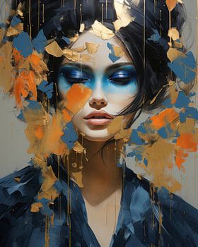 Modernes und abstraktes Porträt in Blau, Orange und Gold
