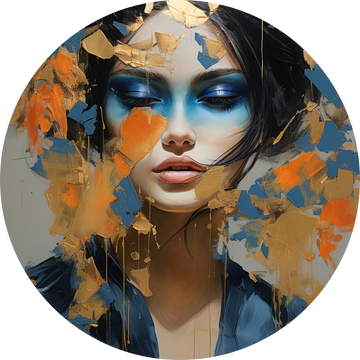 Modern en abstract portret in blauw, oranje en goud van Carla Van Iersel