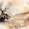 Dampfzug durch die Berge - beruhigende Aquarellmalerei von Peter Pen Zeichnungen und Gemälde