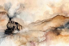 Steam train through the mountains - soothing watercolour painting by Peter Pen Drawings and Paintings