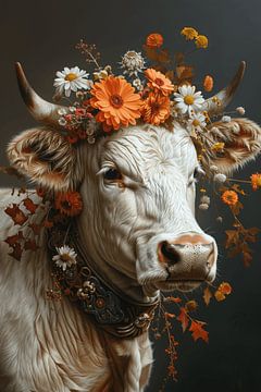 Décoration florale et idylle à la ferme : une vache avec une couronne de fleurs comme incarnation de la beauté rurale sur Felix Brönnimann