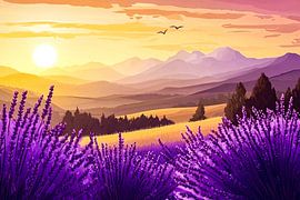 Goldenes Lavendelfeld bei Sonnenuntergang von Art & Soul Creations