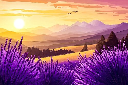 Champ de lavande dorée au coucher du soleil