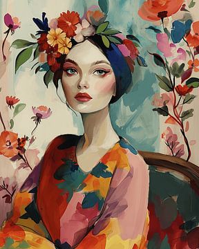 Super kleurrijk portret met bloemen van Carla Van Iersel