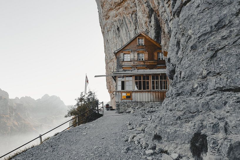 Beautiful mountain inn Aescher-Wildkirchli in Ebenalp, Alpstein Mountains by Besa Art
