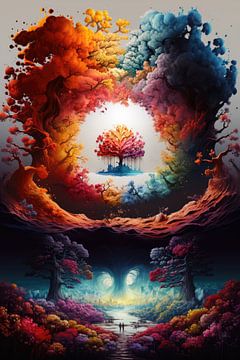 Surreal image of a rainbow tree and world