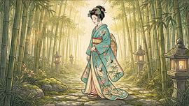 Das Flüstern des Bambus: Eine Geisha wandert durch den goldenen Wald von my pixel art