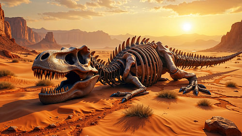 Fantasy Wall Art & Poster: KRYPTORAX - The Skeleton of a Tyrannosaurus in the Desert