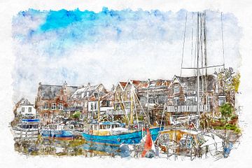 De haven in Ooltgensplaat (kunst, aquarel) van Art by Jeronimo