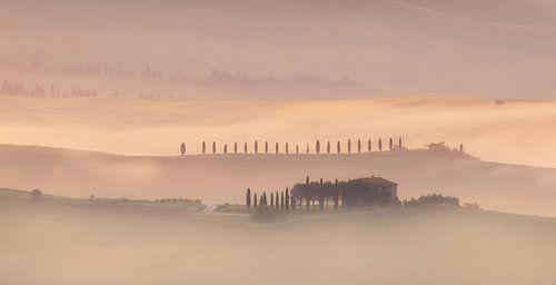 Mistige ochtend in de Val d'Orcia van Toscane, Italië van Adelheid Smitt