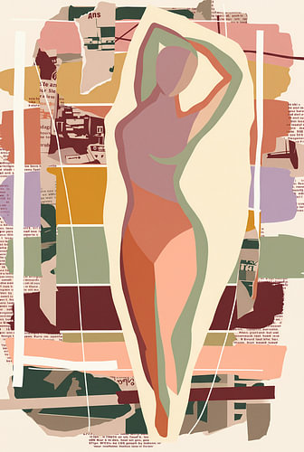 Figuratif moderne - femme en lilas, vert et beige, avec des touches de jaune, de vert et de taupe