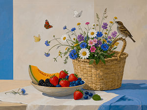 Modernes ländliches Stillleben mit Feldblumen und Sommerobst.
