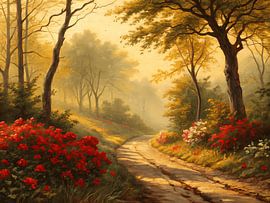 Sonnenbeschienener Pfad im Herbstwald von Artistic