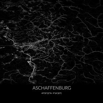 Schwarz-weiße Karte von Aschaffenburg, Bayern, Deutschland. von Rezona