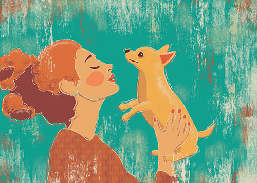 Entre l'homme et le chihuahua III - illustration moderne représentant une femme et un chien, bleu sarcelle, terre cuite