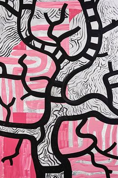 Abstracte boom met roze en zwart van De Muurdecoratie