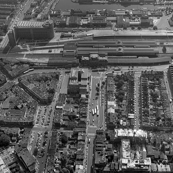 Black and white aerial view of Hollands Spoor and the PTT, The Hague by Frans Rombout
