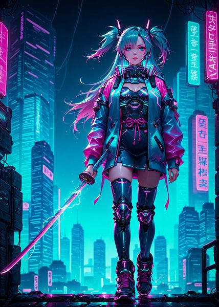 Anime Samurai Meisje Japan Cyberpunk Stijl van Ruzerin