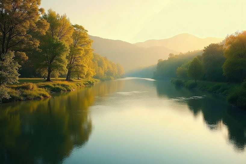The calm river: a mirror of nature by Wandbilder-Shop