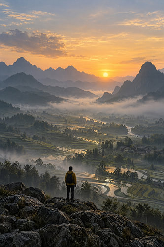 A golden sunrise over the mist-shrouded valley