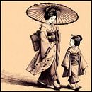 Geisha en haar dochter in traditionele kimono van Hey Art! thumbnail