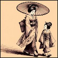 Geisha en haar dochter in traditionele kimono