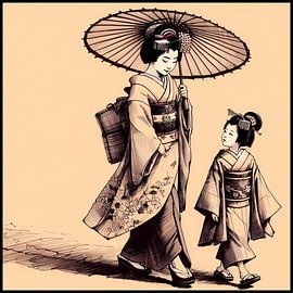 Geisha and her daughter in traditional kimono