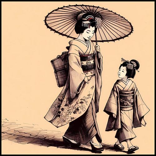 Geisha and her daughter in traditional kimono