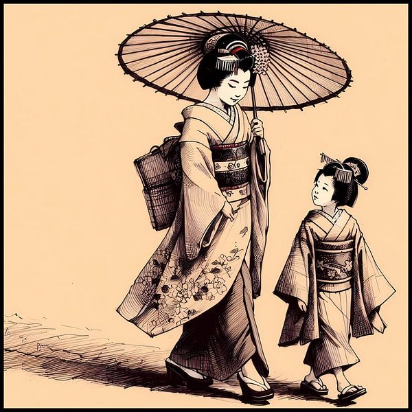 Geisha en haar dochter in traditionele kimono van Hey Art!