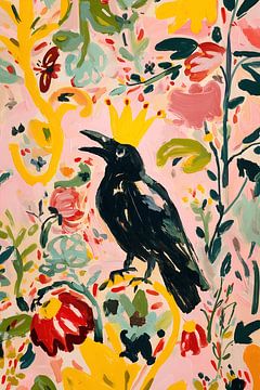 Crowned raven in a field of flowers by NJ Midnight Studio