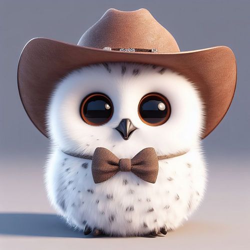 Cute white fluffy owl with a cowboy hat