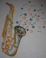 Magical saxophone with musical notes and hearts