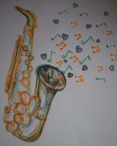 Magical saxophone with musical notes and hearts