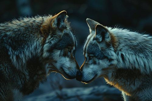 Twee wolven in donkere omgeving