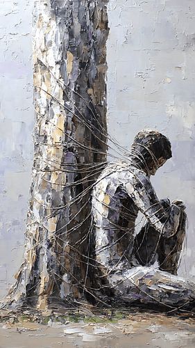 Fusion émotionnelle surréaliste entre l'humain et la nature à travers une peinture abstraite exprimant le traumatisme