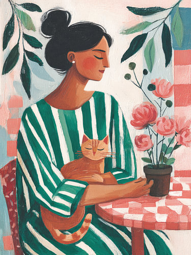 Femme sereine avec un chat